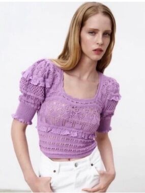 Zara Lavender Crochet Puff-Sleeve Crop Top